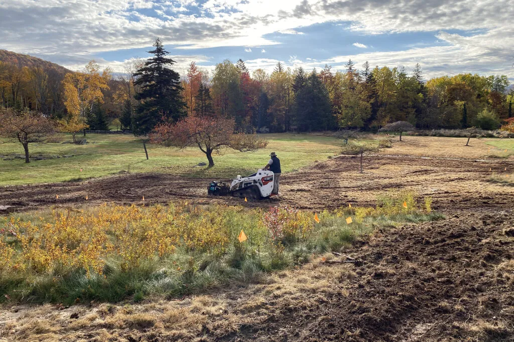 Photo of someone using a ride-on harley rake on a large plot of land to scarify the soil after organic herbicide applications. There are fall trees and a large hill in the background.